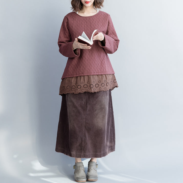 Purple Red Cotton Clothes Cotton Baggy O Neck Hollow Out Top