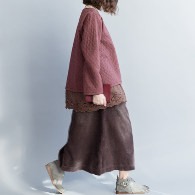 Purple Red Cotton Clothes Cotton Baggy O Neck Hollow Out Top