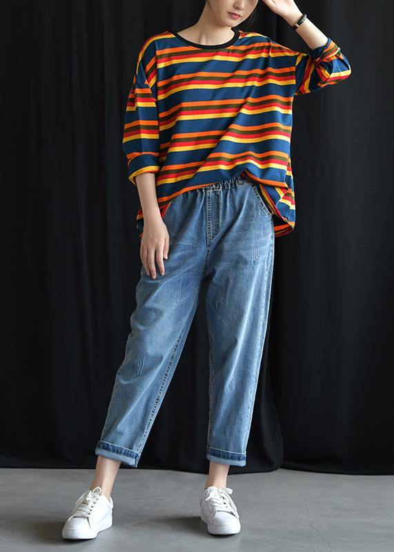 Rainbow Cotton Tunic Pattern O Neck Baggy Short Fall Shirt