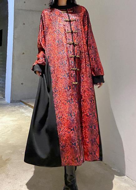 Red Long Dress O Neck Chinese Button Maxi Dresses