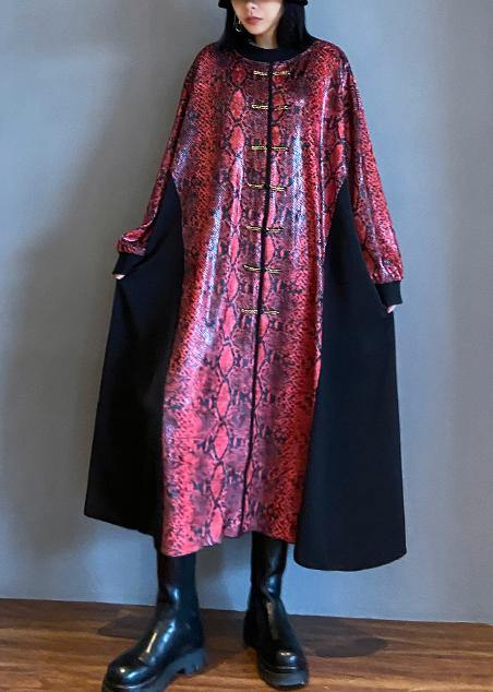 Red Long Dress O Neck Chinese Button Maxi Dresses