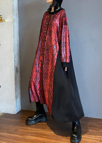 Red Long Dress O Neck Chinese Button Maxi Dresses