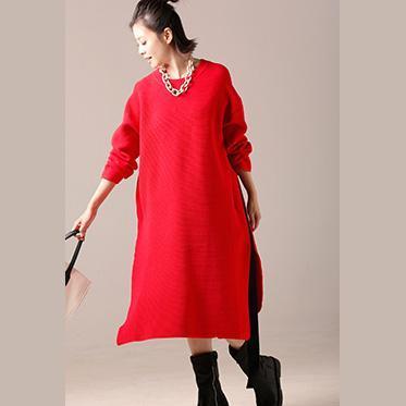 Red Sweater Dresses Tejidos Largo Side Open Knit Top