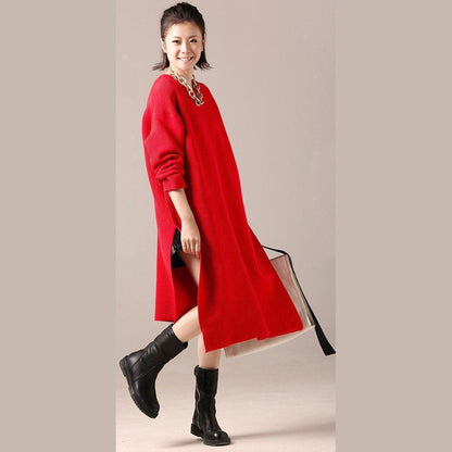 Red Sweater Dresses Tejidos Largo Side Open Knit Top