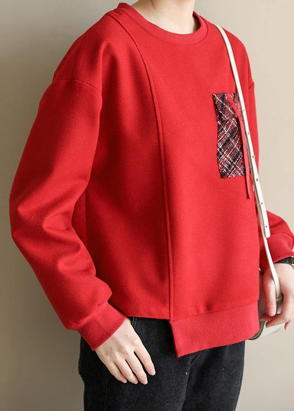 Red Cotton Blouse Asymmetric Hem Art Patchwork Pockets Blouses