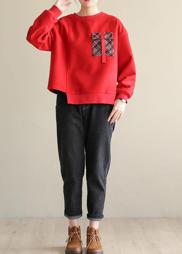 Red Cotton Blouse Asymmetric Hem Art Patchwork Pockets Blouses