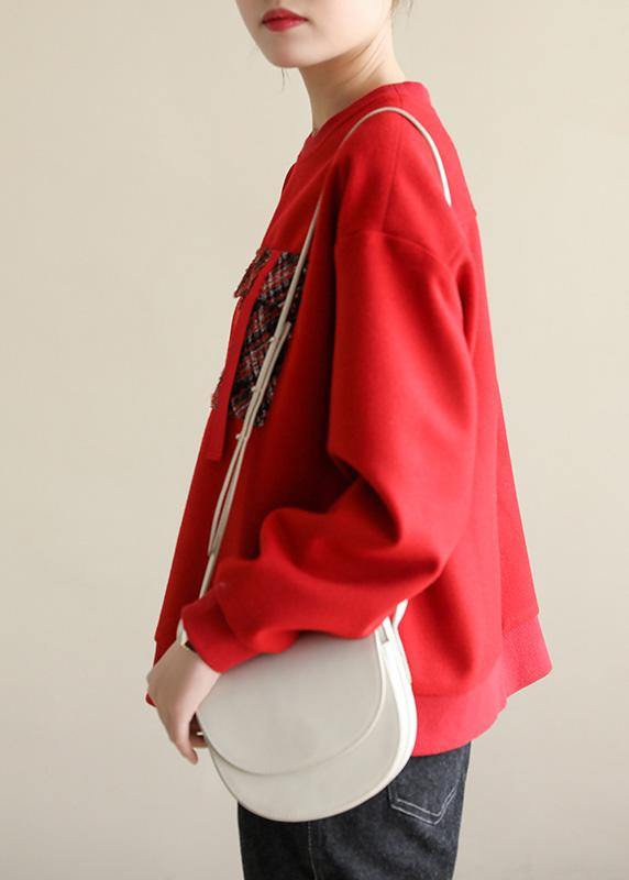 Red Cotton Blouse Asymmetric Hem Art Patchwork Pockets Blouses