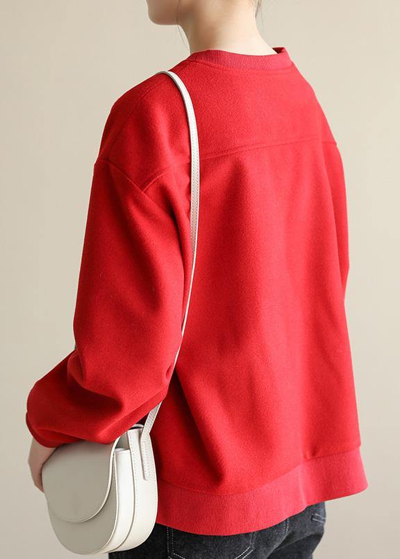 Women red cotton Blouse asymmetric hem Art patchwork pockets blouses
