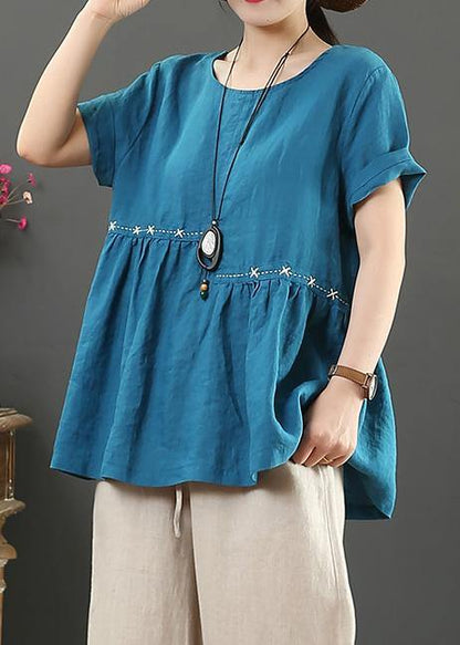 Red Cotton Linen Tops Cotton O Neck Cinched Tops