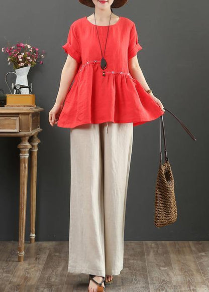 Red Cotton Linen Tops Cotton O Neck Cinched Tops