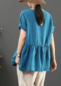 Red Cotton Linen Tops Cotton O Neck Cinched Tops