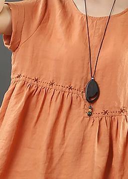 Red Cotton Linen Tops Cotton O Neck Cinched Tops