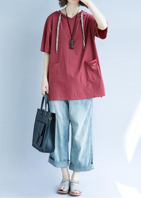 Red Cotton Tunic Top Hooded Pockets Dresses Summer Top