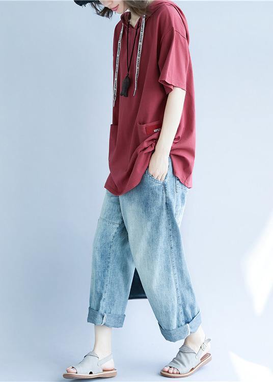 Red Cotton Tunic Top Hooded Pockets Dresses Summer Top