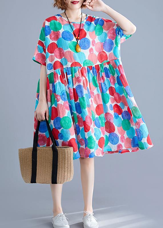Red Dotted Cotton Quilting Clothes O Neck Cinched Knee Summer Dress