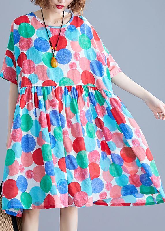 Red Dotted Cotton Quilting Clothes O Neck Cinched Knee Summer Dress
