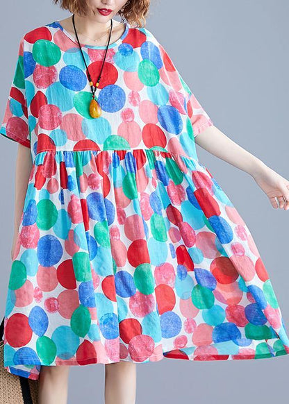 Red Dotted Cotton Quilting Clothes O Neck Cinched Knee Summer Dress