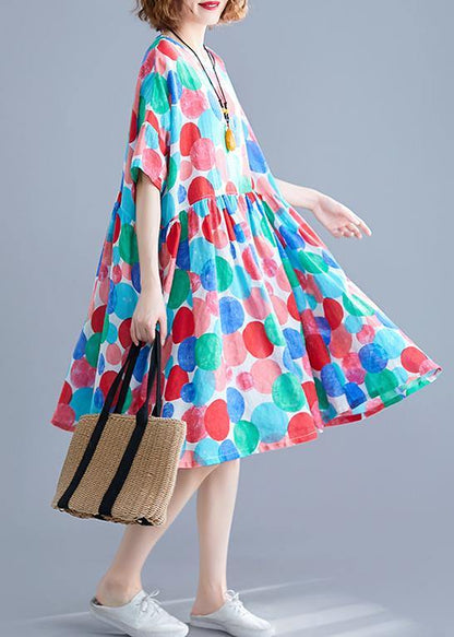 Red Dotted Cotton Quilting Clothes O Neck Cinched Knee Summer Dress