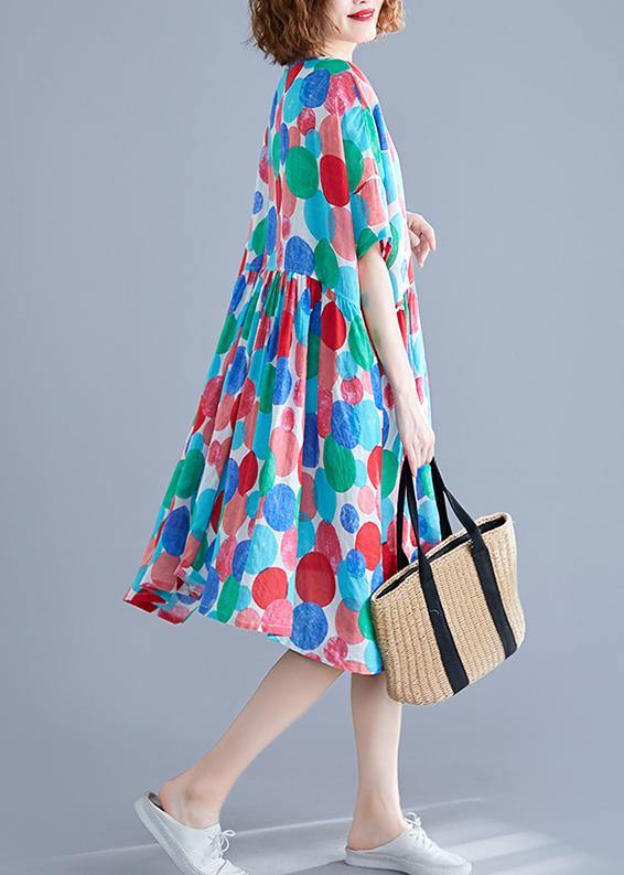Red Dotted Cotton Quilting Clothes O Neck Cinched Knee Summer Dress
