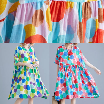 Red Dotted Cotton Quilting Clothes O Neck Cinched Knee Summer Dress
