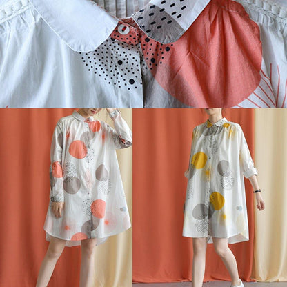 Red Dotted Cotton Tunic Pattern Lapel Asymmetric Baggy Fall Dresses