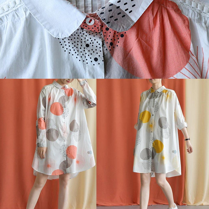 Red Dotted Cotton Tunic Pattern Lapel Asymmetric Baggy Fall Dresses