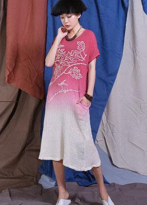 Red Embroidery Linen Quilting Clothes Gradient Color Traveling Dresses