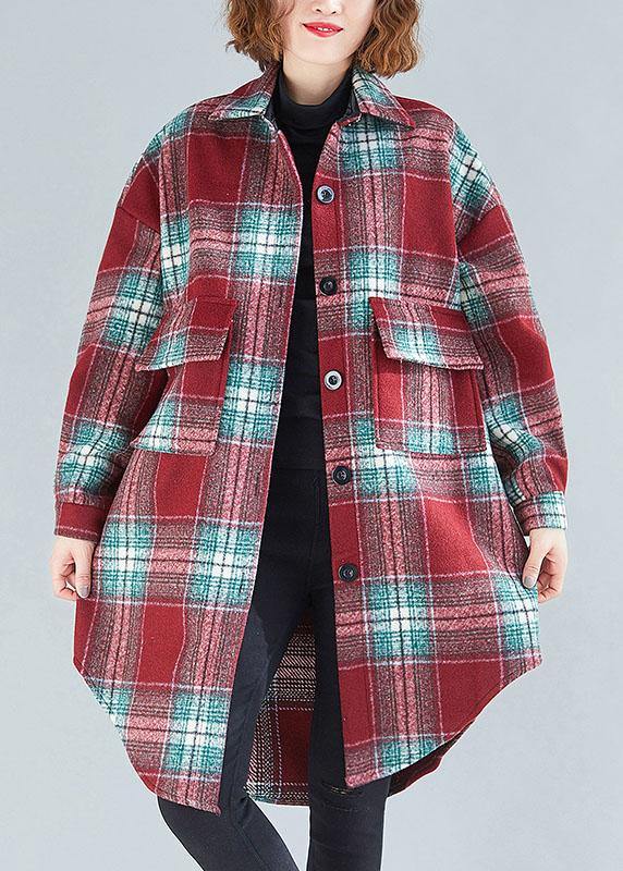 Women red green plaid cotton tops women lapel Button tunic blouse