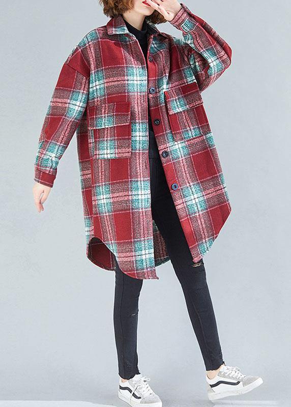 Red Green Plaid Cotton Tops Lapel Button Tunic Blouse