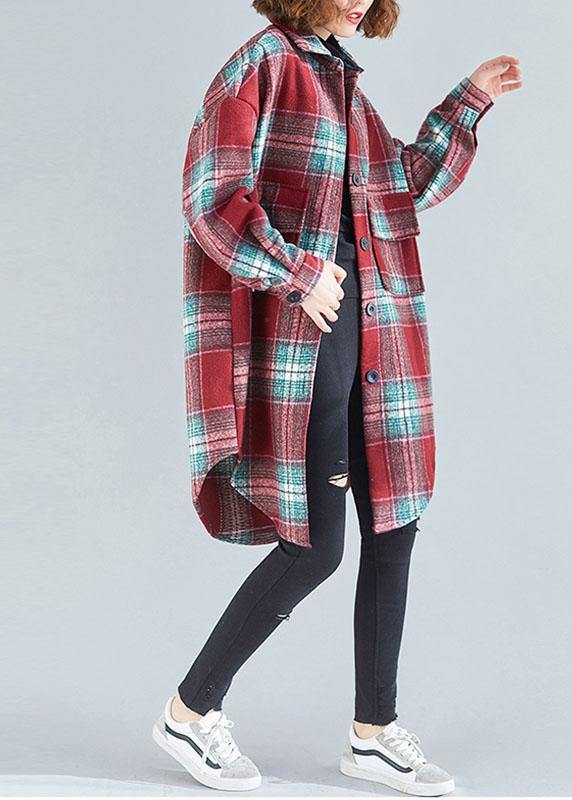Women red green plaid cotton tops women lapel Button tunic blouse