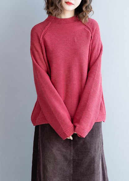 Red Knitted Pullover O Neck Button Down Oversized Knitwear