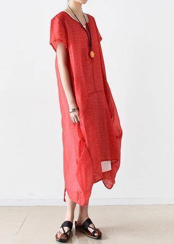 Red Linen Robes O Neck Patchwork Maxi Summer Dresses