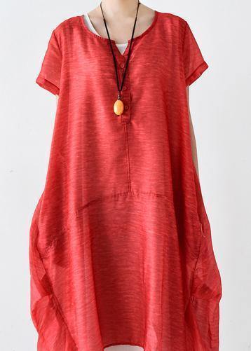 Red Linen Robes O Neck Patchwork Maxi Summer Dresses