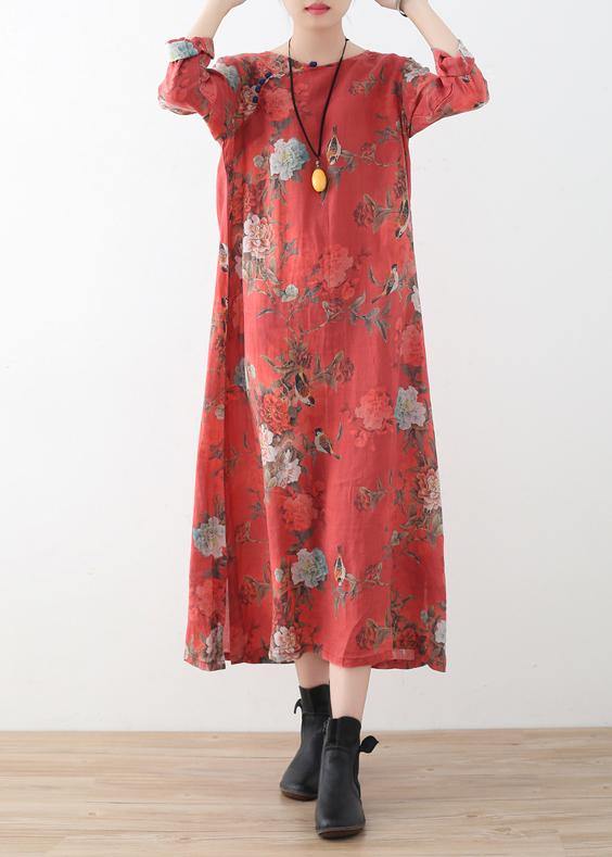 Red Linen Outfit Fine Runway Side Open Maxi Prints Dress