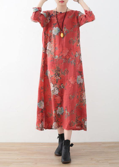 Red Linen Outfit Fine Runway Side Open Maxi Prints Dress