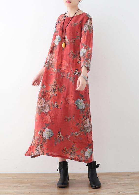 Red Linen Outfit Fine Runway Side Open Maxi Prints Dress
