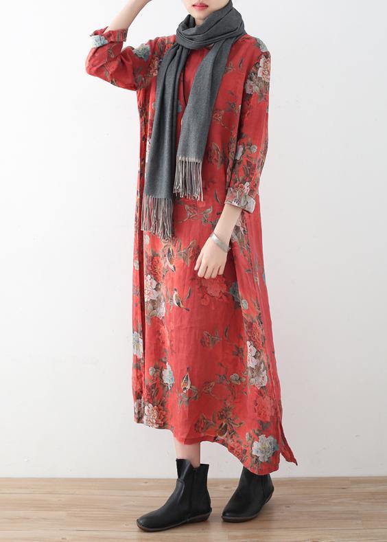 Red Linen Outfit Fine Runway Side Open Maxi Prints Dress