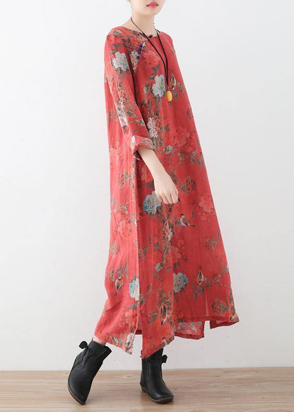 Red Linen Outfit Fine Runway Side Open Maxi Prints Dress