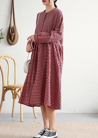 Red Plaid Cotton Linen Clothes O Neck Patchwork Cotton Dresses