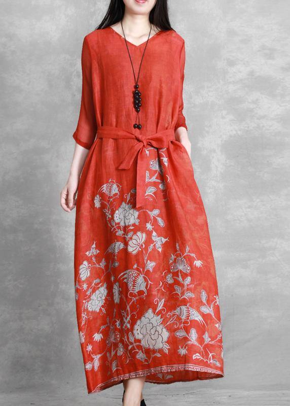 Red Print Robes V Neck Tie Waist Maxi Dresses