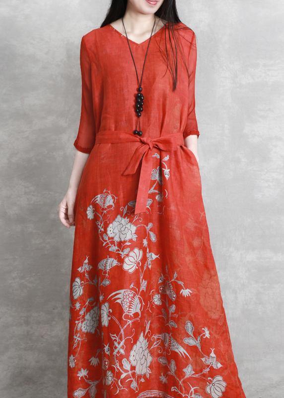 Red Print Robes V Neck Tie Waist Maxi Dresses