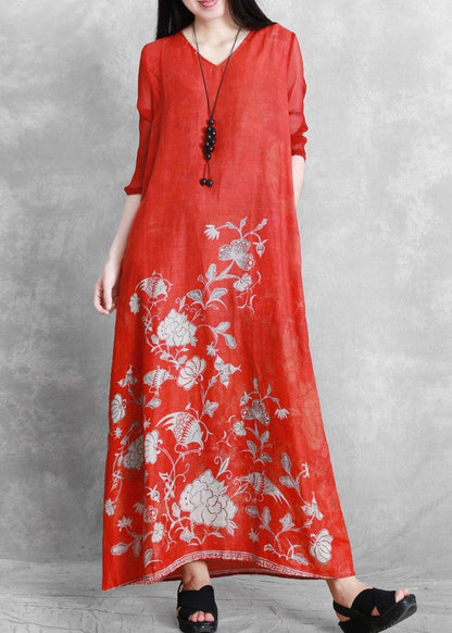 Red Print Robes V Neck Tie Waist Maxi Dresses