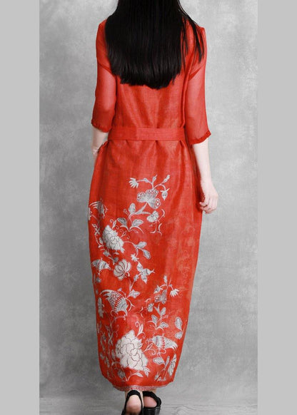 Red Print Robes V Neck Tie Waist Maxi Dresses