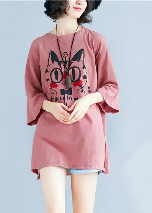 Red Print Cotton Blouses for O Neck Baggy Shirt