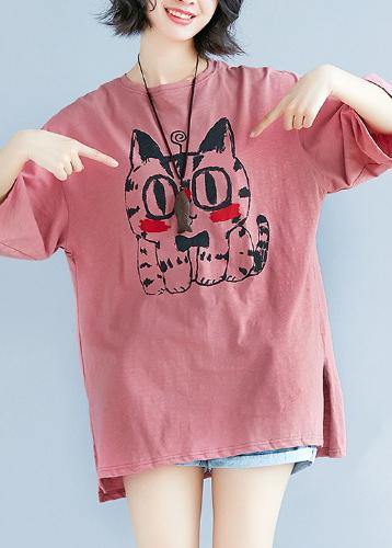 Red Print Cotton Blouses for O Neck Baggy Shirt