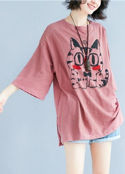 Red Print Cotton Blouses for O Neck Baggy Shirt