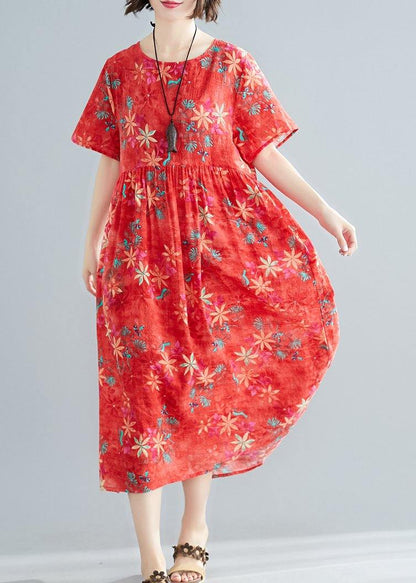 Red Print Cotton Clothes O Neck Patchwork Cinched Traveling Summer Dress