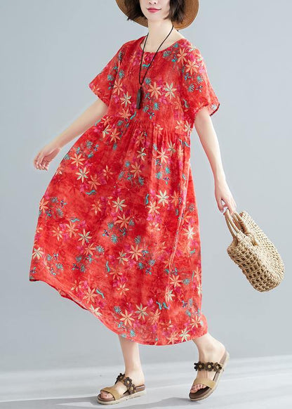 Red Print Cotton Clothes O Neck Patchwork Cinched Traveling Summer Dress