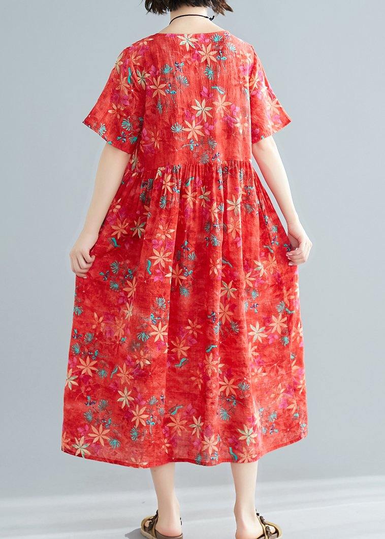 Red Print Cotton Clothes O Neck Patchwork Cinched Traveling Summer Dress