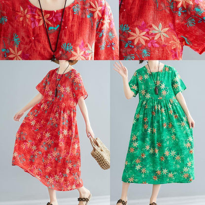 Red Print Cotton Clothes O Neck Patchwork Cinched Traveling Summer Dress